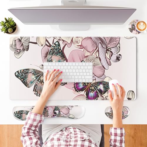 QIYI PU Leather Desk Mat Set, 4-in-1 Ergonomic Wrist Rest, Butterflies | Waterproof Large Mouse Pad 31.5×15.7 + Keyboard Wrist Rest + Mouse Wrist Support+Coaster, Non-Slip Office Gaming Accessories - color: Floral Butterflies