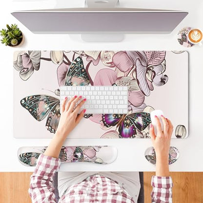 QIYI PU Leather Desk Mat Set, 4-in-1 Ergonomic Wrist Rest, Butterflies | Waterproof Large Mouse Pad 31.5×15.7 + Keyboard Wrist Rest + Mouse Wrist Support+Coaster, Non-Slip Office Gaming Accessories - color: Floral Butterflies