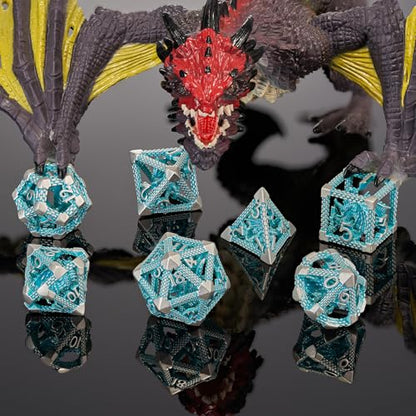 3D Hollow Dragon Dice Set, 7-Piece Metal DND Dice, Blue White | Lightweight copper hollow polyhedral dice with clear numbers,gift box and velvet bag for DND players and collectors. - color: Blue White Dragon