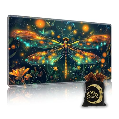 for MTG Playmat in Storage Bag, Commander Board Game Play Mat Desk Pad, Hand-Painted Stitched Edges Aged Map 27.6x15.7 in,Ideal for TCG/MTG/CCG/RPG Game Playmat, Enchanting Dragonfly - color: Enchanting Dragonfly, size: 15.7*27.6 in