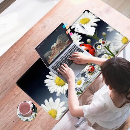 Mouse Pad,Large Desk Mat Set, 4in1 XL Mousepad + Keyboard Wrist Rest+Mouse Wrist Rest+Coaster with Ergonomic Desk Pad for Home Office Table Computer Cover -Ladybug on Daisy Flower - color: Ladybug on Daisy Flower