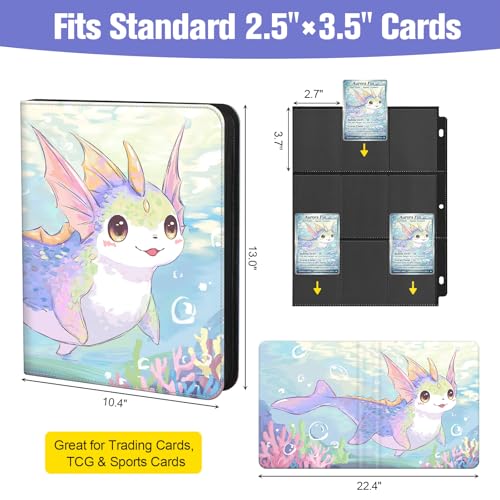 Trading Card Binder TCG, 900 Pockets, 50 9-Pocket Sheets, 3-Ring Refillable Album Fits Standard 2.5"×3.5" Cards, Zippered PU Cover, Acid-Free Top-Loading Pages, Wrist Strap - Axolotl Design - color: Axolotl Pastel