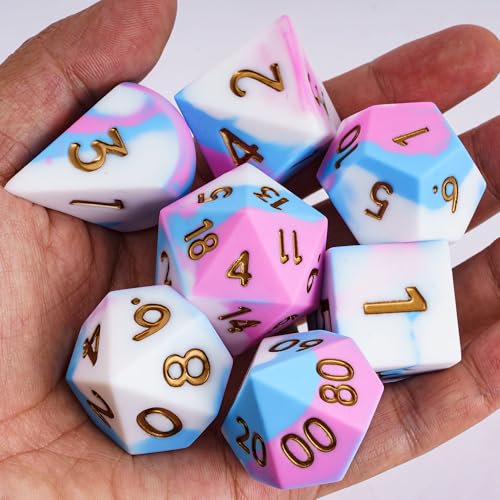7-Piece Jumbo Silicone DND Dice Set, 25mm Oversized D&D Dice | Round Edges Soft Perfect Bouncer Compatible with Dungeons and Dragons RPG Bar Pub Club Party Games - color: Pink&white&blue
