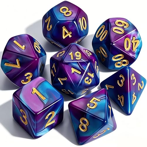 CiaraQ 7pcs Polyhedral Dice Set for Dungeon and Dragons MTG Table Games | Acrylic Role Playing Dice for D&D with Black Velvet Bag – Purple & Blue Swirl – Standard Size – Ages 14+ - color: Purple and Blue Swirled Together
