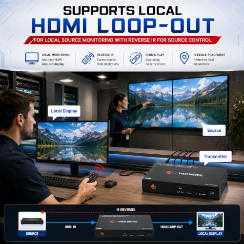 J-Tech Digital 1080P 60Hz HDMI Extender Splitter Over Single Cat5e/6 Ethernet Cable 1 in 4 Out Up to 164ft. Features Local HDMI Loop-Out, PoC, IR Control, Audio EDID Switch - size: 1x4