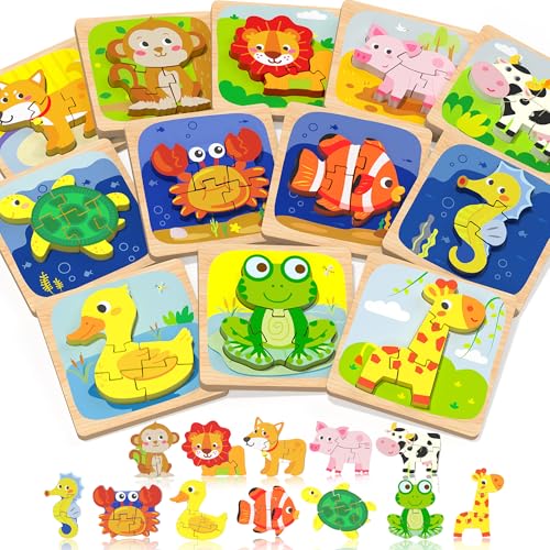 Benresive Wooden Toddler Puzzles, Montessori Toddler Toys for 1 2 Year Old | 12 Pcs Puzzles, 1 2 3 Year Old Girl Boy Great Gifts, Learning Educational Preschool Bolck Toys for 1 2 3 Year Old - style: 12 PCS