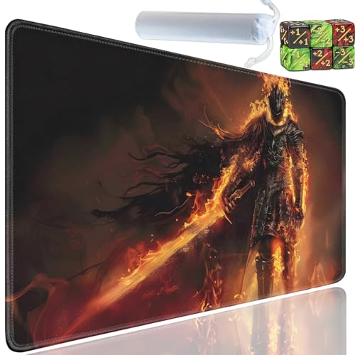 Playmat for MTG, 24x14 Inches Playmats, for TCG and CCG Trading Card Game Mat, Non-Slip Rubber for MTG Playmats with A Storage Bag and 6 Dice Set, Fire Warrior Pattern - color: Yu-Playmat-1-E126