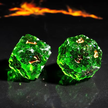 Cusdie Sharp Edge DND Dice, 7 PCS Shamrock DND Dice Set D&D D20 D12 D10 D8 D6 D4, Handcrafted Polyhedral Dice Set for RPG and Other Table Games(Green) - color: Green