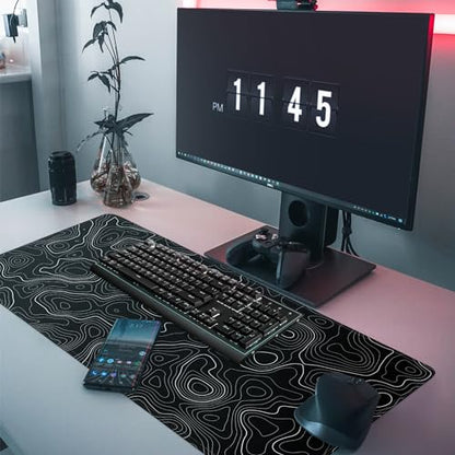Topographic Gaming Mouse Pad Large Desk Mat,Black Mouse Pad Gaming Desk Pad,31.5 x 11.8 Keyboard Pad Minimalist Mouse Pads for Desk,Extended Mouse Mat Mousepad with Non-Slip Base and Stitched Edge - color: Black Topographic Contour