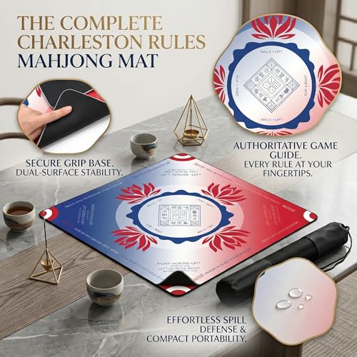 Mahjong Mat 2025 Upgraded No-Crease & No Odor Design, 32.3 Inch with Waterproof Velvet, Non-Slip PU Silicone, Lightweight for Noise Reduction, Includes Printed Rules for Tiles and Cards (Red-Blue) - color: Red-blue