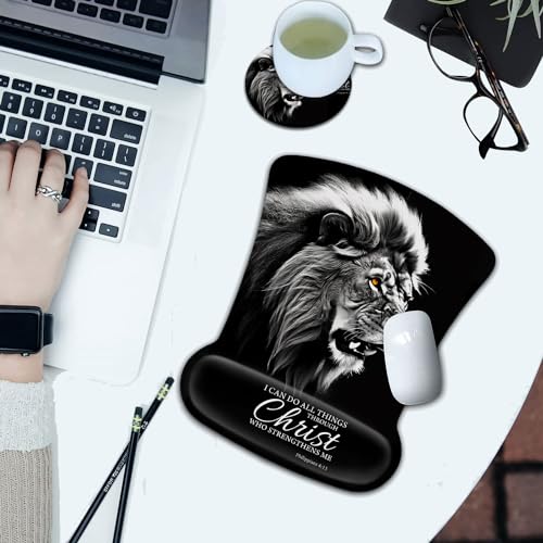 Black Mouse Pad with Ergonomic Wrist Support and Memory Foam Keyboard Wrist Rest, Non-Slip PU Base Gel Mouse Mat, Keyboard Palm Rest for Home Office Gaming Desk Pad Fierce Lion Philippians 4:13 - color: Yvb-mouse Pad -2-b-23