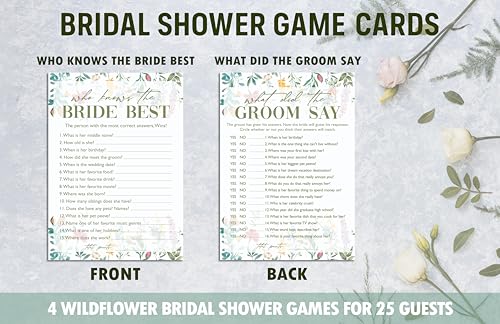 Wildflower Bridal Shower Games Set, 4 Games Includes Find The Dress, What's On Your Phone, What Did The Groom Say, Who Knows The Bride Best, 50 Double-Sided Cards, Wedding Party Supplies -01 - style: 4 Games Set-01