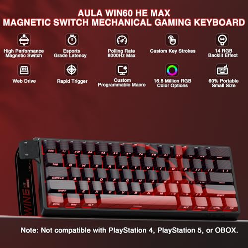 AULA WIN60 HE MAX - 60% Mechanical Gaming Keyboard Wired, Hall Effect Magnetic Switches Hot Swappable, Adjustable Actuation Rapid Trigger Mode, 8000 Hz Polling Rate, 60 Percent Keyboard Compact Design - color: Red
