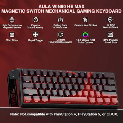 AULA WIN60 HE MAX - 60% Mechanical Gaming Keyboard Wired, Hall Effect Magnetic Switches Hot Swappable, Adjustable Actuation Rapid Trigger Mode, 8000 Hz Polling Rate, 60 Percent Keyboard Compact Design - color: Red