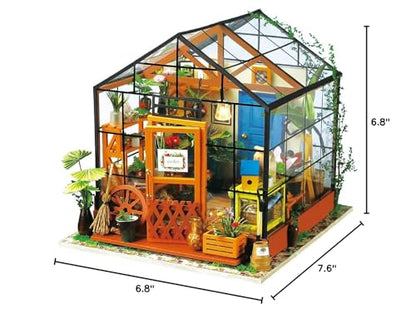 Rolife Greenhouse DIY Miniature Dollhouse Kit Creative Gift for Adults | 1:18 Scale Cathy's Flower House with LED Light, Wooden 3D Puzzle Model Kit, Diorama Craft Set for Home Decor Display