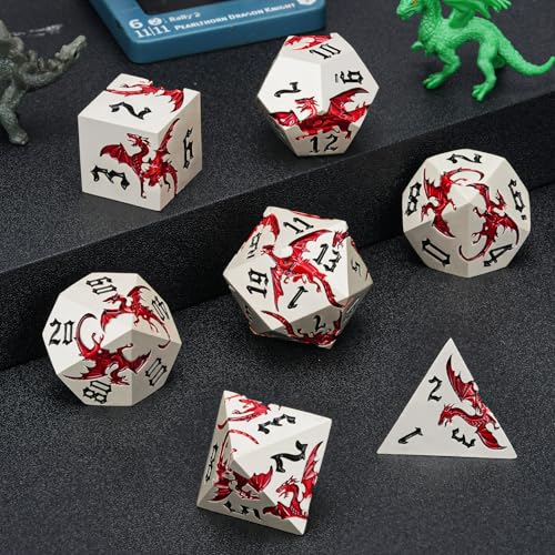 Dungeons and Dragons Dice D&D Metallic Dragon Sharp Edged Dice Set with Box, Polyhedral DND Role Playing Game D and D Dice Set D20 D12 D10 D8 D6 D4 - color: Dragon-pearl Silver Transparent Red