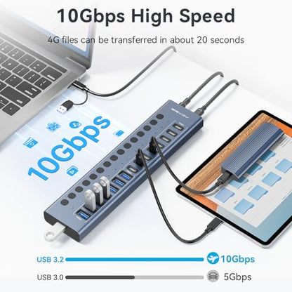ACASIS 16 Ports Powered USB 3.2 Hub (8 USB-A 3.2 +8 USB-C 3.2) | Aluminum USB Hub Powered with 96W Power Adapter, USB Hub for PC/Laptop, Computer, Flash Drive, Printer, Camera - color: Gray