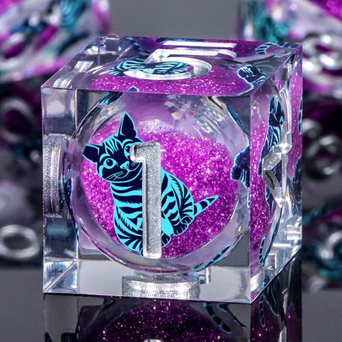 KERWELLSI Cat Liquid Core DND Dice Set with Gift Box, 7Pcs Resin Dungeons Sharp Edge D&D Dice, Dragons D and D Role Playing Dice D20 D12 D10 D8 D6 D4, Purple and Blue Cat - color: Purplr and Blue Cat