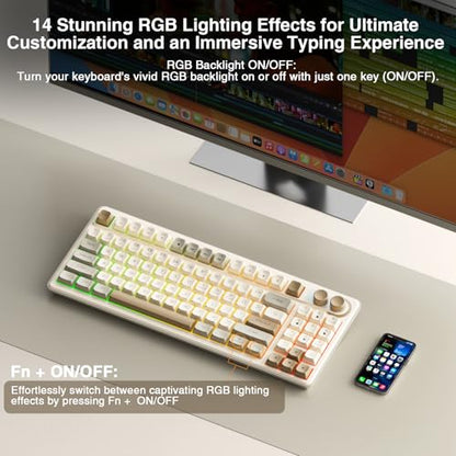 SOLAKAKA SK90 75% Wireless Gaming Keyboard - 4000mAh Tri-Mode (BT5.0/2.4G/USB-C) Cute Creamy Gaming Keyboard with Number Pad, Media Knob, RGB Backlit, Quiet Keys Silent Office Keyboards for PC MAC - color: Creamy, size: SK90 - Wireless