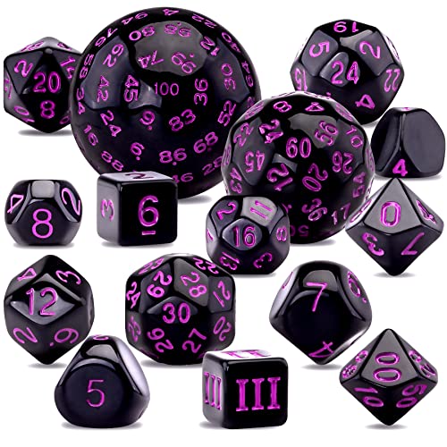 AUSTOR 15 Pieces Complete Polyhedral Dice Set D3-D100 Game Dice Set with a Leather Drawstring Storage Bag for Role Playing Table Games(Black & Purple) - color: Black & Purple