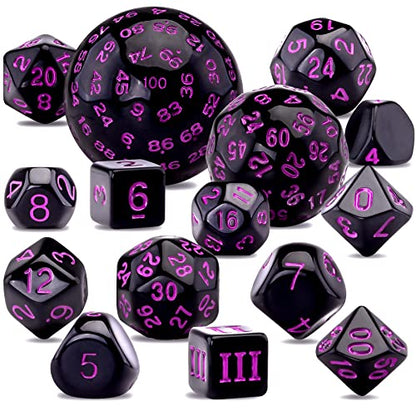 AUSTOR 15 Pieces Complete Polyhedral Dice Set D3-D100 Game Dice Set with a Leather Drawstring Storage Bag for Role Playing Table Games(Black & Purple) - color: Black & Purple