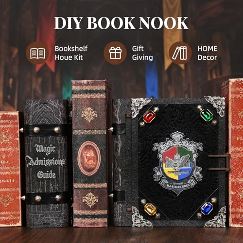 MiniCity Magic Admissions Book Nook Kit, Wooden Miniature House with LED | Open the book-style case to reveal a magic academy; 248-piece LED model includes dust cover, glue/tools and guide, ages 14+. - style: Magic Admissions Guide