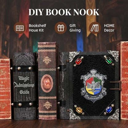 MiniCity Magic Admissions Book Nook Kit, Wooden Miniature House with LED | Open the book-style case to reveal a magic academy; 248-piece LED model includes dust cover, glue/tools and guide, ages 14+. - style: Magic Admissions Guide