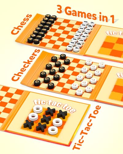 Coogam Magnetic Travel Chess Board Game, 3 in 1 Tic-Tac-Toe Checkers Set, Indoor Outdoor Activity Travel Toy Gift for Family Friends Party Favor