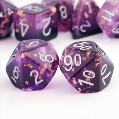Haxtec DND Dice Set 7PCS Polyhedral D&D Dice for Roleplaying Games, Purple Black Gold Foil Resin Dice with Velvet Pouch for Dungeons and Dragons, Great DND Gift for Gamers & DM Masters - color: Purple Black