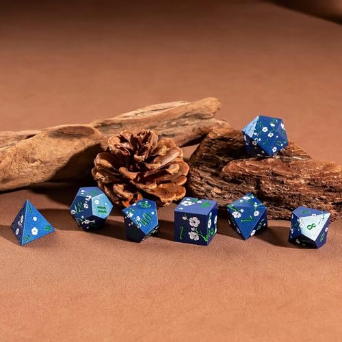 UDIXI DND Metal Dice Set, Flower Solid Metal RPG Dice Set Blue for D&D | White Flower, Metal Case Packaging, Heavy Metal Dice, D&D Gift, for Dungeons and Dragons Role Playing Games Tabletop Games - color: Blue-green