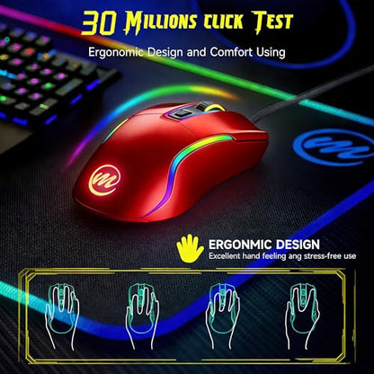 memzuoix Wired Gaming Mouse with RGB - 6 Adjustable DPI up to 12800, 6 Buttons, 12 Lighting Modes, Ergonomic Design with Anti-Slip Rubber Wheel, 5.6ft Braided Cable for PC/Mac/Windows - Red - color: red