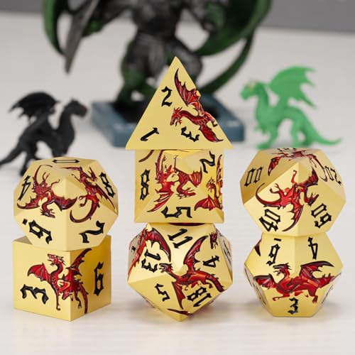 Metal DND Dragon Dice Set,D&D Polyhedral Dice with Dragon for Dungeons and Dragons RPG TTRPG D and D 7-Die Set with Gift Case - color: Dragon-pearl Gold Transparent Red