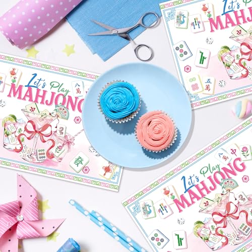 24 Pack Mahjong Placemats, 17x11 Inch Disposable Table Mats for Game Nights | Pink Mahjong Design with Tiles, Dice, Cocktail, Flowers, Blue Border for Birthday, Bridal Shower, Game Party, Table Decor Set