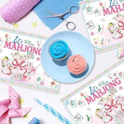 24 Pack Mahjong Placemats, 17x11 Inch Disposable Table Mats for Game Nights | Pink Mahjong Design with Tiles, Dice, Cocktail, Flowers, Blue Border for Birthday, Bridal Shower, Game Party, Table Decor Set
