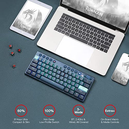Redragon K632 PRO 60% Wireless RGB Mechanical Keyboard, BT/2.4Ghz/Wired Tri-Mode Ultra-Thin Low Profile Gaming Keyboard w/No-Lag Connection, Dedicated Media Control & Linear Red Switch