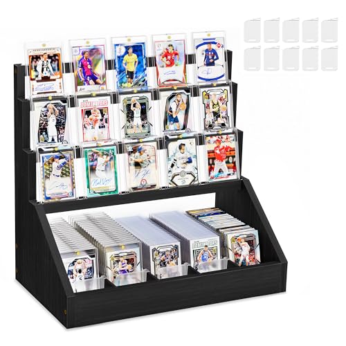 Emfogo Trading Card Display, 3-Tier Card Display Stand with 5-Row Storage, Wooden Graded Card Display with Card Stoppers, Large Capacity Sports Card Display Case for Card Game Collection (Black) - color: Black