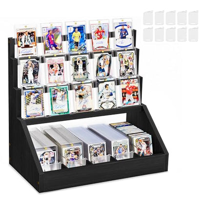 Emfogo Trading Card Display, 3-Tier Card Display Stand with 5-Row Storage, Wooden Graded Card Display with Card Stoppers, Large Capacity Sports Card Display Case for Card Game Collection (Black) - color: Black