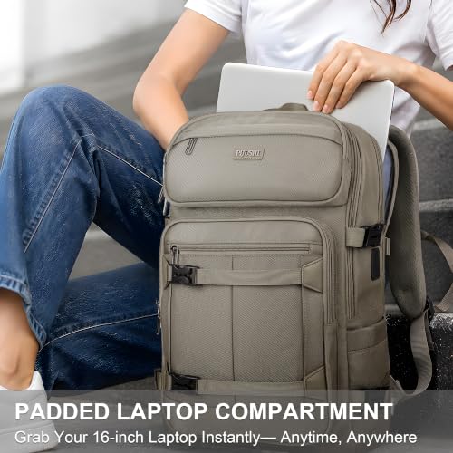 PIJUSHI Casual Travel Backpack for Women with 16" Padded Laptop Compartment | Carry On Luggage with USB Charging Port, 1680D Water-Resistant Nylon, Airline Approved, For Daily, Hiking - color: Updated Khaki
