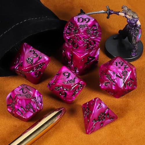 CiaraQ 7pcs Polyhedral Dice Set for Dungeon and Dragons MTG Table Games | Acrylic Role Playing Dice for D&D with Black Velvet Bag – Rose Red Pearl with Black Numbers & Plum Blossom Patterns - color: Rose Red and Black Floral Dice