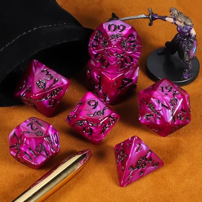 CiaraQ 7pcs Polyhedral Dice Set for Dungeon and Dragons MTG Table Games | Acrylic Role Playing Dice for D&D with Black Velvet Bag – Rose Red Pearl with Black Numbers & Plum Blossom Patterns - color: Rose Red and Black Floral Dice