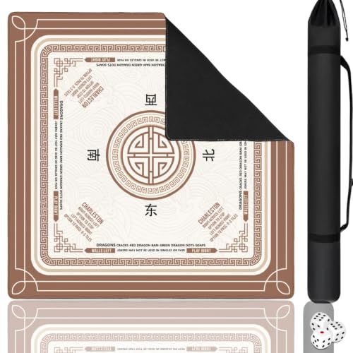 Brown Mahjong Mat with Rules, 31.5*31.5in Anti Slip American Mahjong Mat for Table, Noise Reduction, Neoprene Mah jongg Mats with Carrying Bag & 3 Dices, Mahjong Supplies Gift, Board Tile Games Mats - color: Brown01