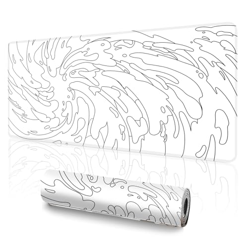 Gaming Mouse Pad L (31.5x11.8in) - Abstract White Line Art Waves, Japanese Doodle Style - Desk Mat, Water Resistant Surface - color: White Ink Waves, size: 11.8x31.5''