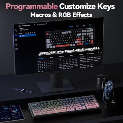 LINGBAO K98 - 96% Wireless Mechanical Keyboard, Tri-Mode BT5.0/2.4GHz/USB-C, Creamy Keyboard with Number Pad, Gasket Hot Swappable Linear Switches RGB Backlit Gaming Keyboards for Win/Mac/PC, (Pink) - color: K98 | 10000mAh | Gradient Black Pink