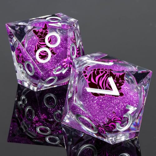 KERWELLSI Cat Liquid Core DND Dice Set with Gift Box, 7Pcs Resin Dungeons Sharp Edge D&D Dice, Dragons D and D Role Playing Dice D20 D12 D10 D8 D6 D4, Purple - color: Purple and Purple Cat