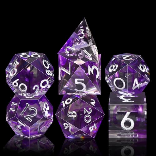 AUSTOR 7-Die DND Dice Set Handmade Sharp Edge Polyhedral Dice for Dungeons and Dragons D&D RPG MTG Table Games (Black & Violet, Silver) - color: Black & Violet，silver