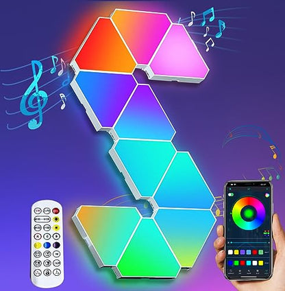 Triangle Light Panels, RGB Gaming Lights for Gaming Setup, DIY Triangle LED Wall Lights with 6 Connection Ports, APP and Remote Controlled, Music Sync for Gaming Room Bedroom Streaming, 10 Pack - color: 10 Panels