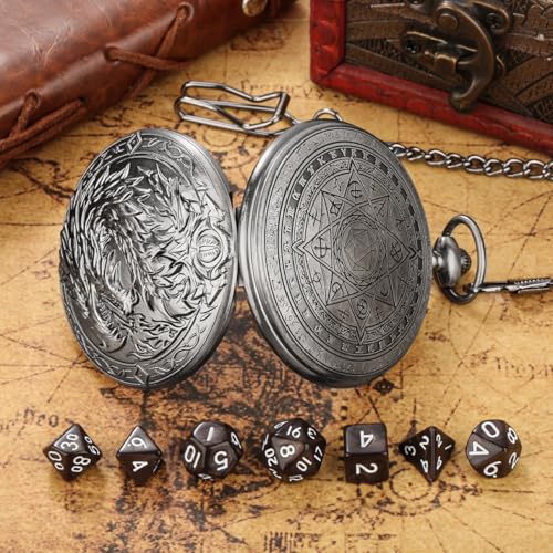 Mini DND Dice Set, 7-Piece Polyhedral Acrylic D&D Dice, with Steampunk Dragon Large Pocket Watch Case, DND Gift Bag with Dragon Logo, Role Play Board Game Accessories, Dark Silver + Brown - color: Silver + Brown