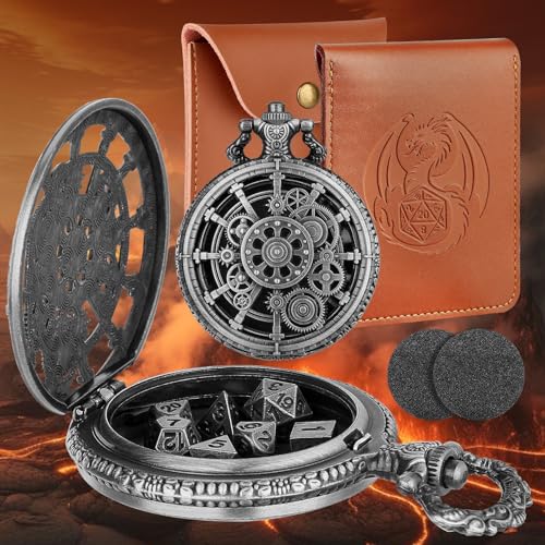 Hollow Gear Pocket Watch Dice Set, DND Metal Dice Set for RPG, Mini DND Dice for Board Game, DND Gifts with Leather Bag, Tabletop Games Accessory, Xmas Stocking Stuffer, Dark Silver - color: Dark Silver