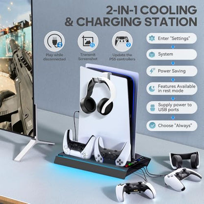 Tokluck PA5/Slim/Pro Cooling Station with Auto Turbofan & 3-Level Speed, PA 5 Vertical Stand Cooling Fan Station with Controller Charger, Accessories Base Cooler Docking Station, Black - color: Black