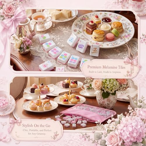 Soulchen 1.2 Inch Pink Tea Party Themed American Mahjong Tiles Set | Complete 168 Pastel Melamine Tiles with Dice Large Tote Bag Portable Pouch for Game Night Travel Vacation Collection Gift